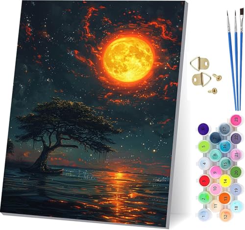 Malen Nach Zahlen Erwachsene Baum, Malen Nach Zahlen Mond, DIY Set Erwachsene Mit 3 Pinseln und Acrylfarbe, Paint by Numbers für Deko Wohnzimmer und Wanddeko, Als Geschenke für Frauen 60x80cm 8-6654 von KUEGDUNG