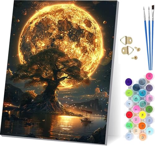 Malen Nach Zahlen Erwachsene Baum, Malen Nach Zahlen Mond, DIY Set Erwachsene Mit 3 Pinseln und Acrylfarbe, Paint by Numbers für Deko Wohnzimmer und Wanddeko, Als Geschenke für Frauen 70x95cm W-2767 von KUEGDUNG