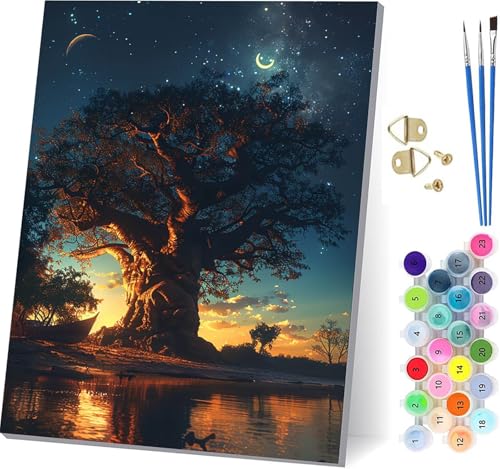 Malen Nach Zahlen Erwachsene Baum, Malen Nach Zahlen Sternenhimmel, DIY Set Erwachsene Mit 3 Pinseln und Acrylfarbe, Paint by Numbers für Deko Wohnzimmer und Wanddeko, Geschenke 60x80cm 7-4654 von KUEGDUNG