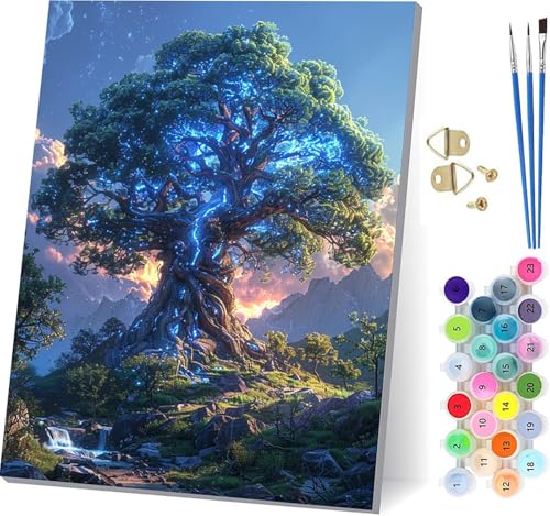 Malen Nach Zahlen Erwachsene Baum Des Lebens, Malen Nach Zahlen Landschaft, DIY Handgemalt Ölgemälde Kit Mit 3 Pinseln und Acrylfarbe, Paint by Numbers Basteln Erwachsene, Geschenke 80x110cm O-6676 von KUEGDUNG