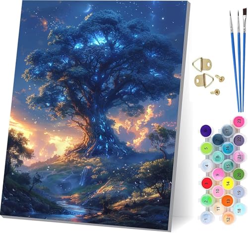 Malen Nach Zahlen Erwachsene Baum Des Lebens, Malen Nach Zahlen Sternenhimmel, DIY Handgemalt Ölgemälde Kit Mit 3 Pinseln und Acrylfarbe, Paint by Numbers Basteln Erwachsene, Geschenke 80x110cm I-4213 von KUEGDUNG