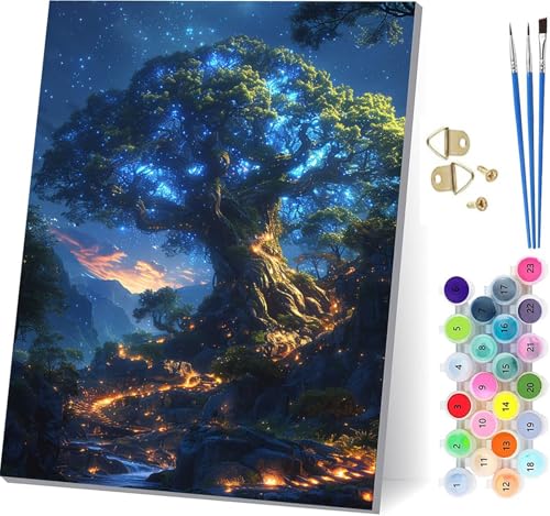 Malen Nach Zahlen Erwachsene Baum Des Lebens, Malen Nach Zahlen Sternenhimmel, DIY Set Erwachsene Mit 3 Pinseln und Acrylfarbe, Paint by Numbers für Deko Wohnzimmer, Geschenke 80x110cm U-8584 von KUEGDUNG