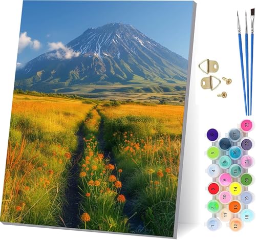 Malen Nach Zahlen Erwachsene Berg, Malen Nach Zahlen Blume, DIY Set Erwachsene Mit 3 Pinseln und Acrylfarbe, Paint by Numbers für Deko Wohnzimmer und Wanddeko, Als Geschenke für Frauen 70x95cm 7-1825 von KUEGDUNG