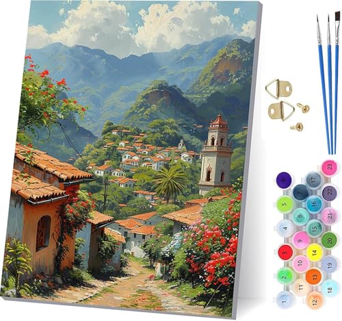 Malen Nach Zahlen Erwachsene Berg, Malen Nach Zahlen HäUser, DIY Set Erwachsene Mit 3 Pinseln und Acrylfarbe, Paint by Numbers für Deko Wohnzimmer und Wanddeko, Als Geschenke für Frauen 60x80cm F-4216 von KUEGDUNG