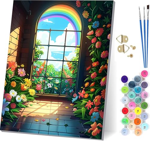 Malen Nach Zahlen Erwachsene Blume, Malen Nach Zahlen Regenbogen, DIY Set Erwachsene Mit 3 Pinseln und Acrylfarbe, Paint by Numbers für Deko Wohnzimmer und Wanddeko, Als Geschenke 70x95cm 9-3834 von KUEGDUNG