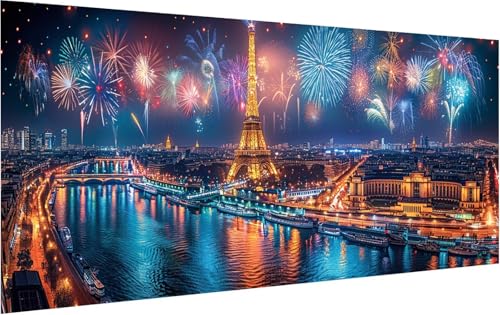 Malen Nach Zahlen Erwachsene Eiffelturm, Malen Nach Zahlen Feuerwerk, DIY Handgemalt Ölgemälde Leinwand Kits Mit Pinseln und Acrylfarbe, Paint by Numbers Adult für Deko Wohnzimmer 40x90cm A-4977 von KUEGDUNG