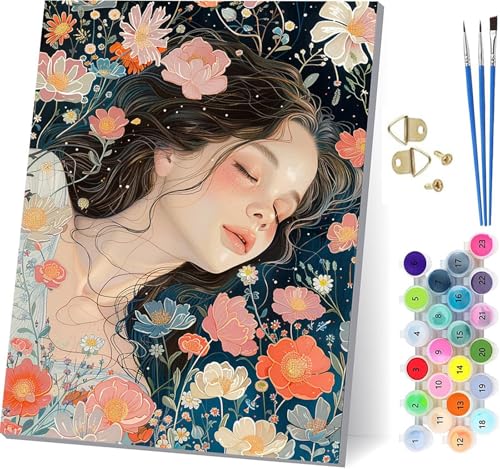 Malen Nach Zahlen Erwachsene Frau, Malen Nach Zahlen Blume, DIY Set Erwachsene Mit 3 Pinseln und Acrylfarbe, Paint by Numbers für Deko Wohnzimmer und Wanddeko, Als Geschenke für Frauen 60x80cm D-9874 von KUEGDUNG