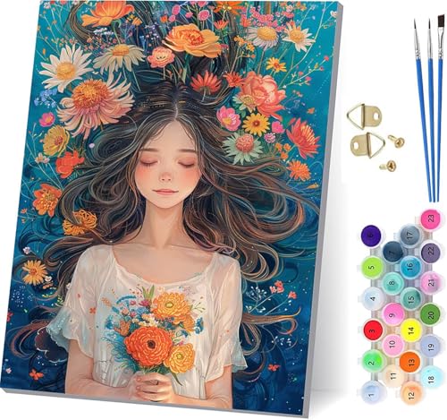 Malen Nach Zahlen Erwachsene Frau, Malen Nach Zahlen Blume, DIY Set Erwachsene Mit 3 Pinseln und Acrylfarbe, Paint by Numbers für Deko Wohnzimmer und Wanddeko, Als Geschenke für Frauen 80x110cm 5-8382 von KUEGDUNG