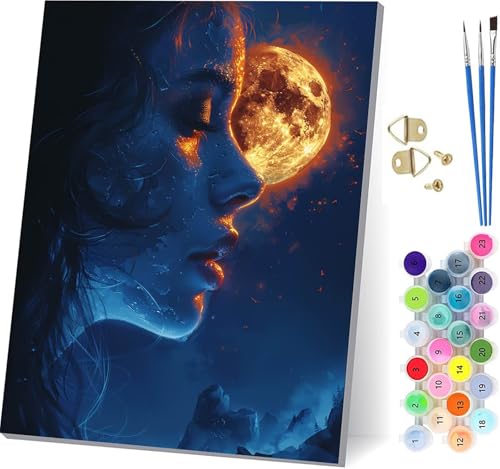 Malen Nach Zahlen Erwachsene Frau, Malen Nach Zahlen Mond, DIY Handgemalt Ölgemälde Kit Mit 3 Pinseln und Acrylfarbe, Paint by Numbers Basteln Erwachsene, für Deko Wohnzimmer Geschenke 70x95cm 7-7376 von KUEGDUNG