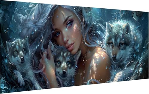 Malen Nach Zahlen Erwachsene Frau, Malen Nach Zahlen Wolf, DIY Handgemalt Ölgemälde Leinwand Kits Mit Pinseln und Acrylfarbe, Paint by Numbers Adult für Deko Wohnzimmer und Zimmer Deko 50x100cm 6-3075 von KUEGDUNG