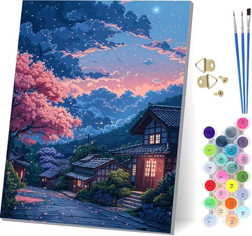 Malen Nach Zahlen Erwachsene HäUser, Malen Nach Zahlen Baum, DIY Handgemalt Ölgemälde Kit Mit 3 Pinseln und Acrylfarbe, Paint by Numbers Basteln Erwachsene, für Deko Wohnzimmer 60x80cm U-5848 von KUEGDUNG