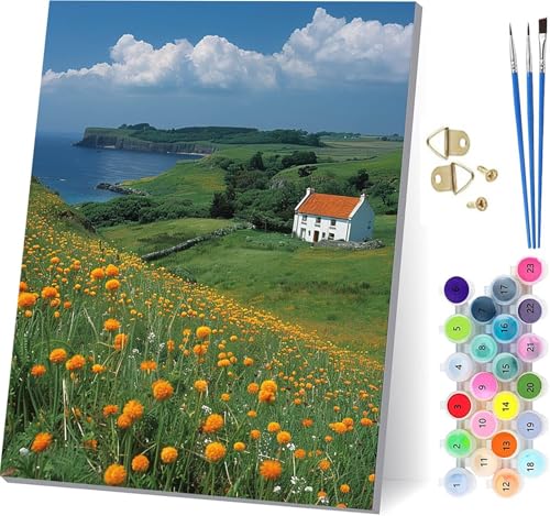 Malen Nach Zahlen Erwachsene HäUser, Malen Nach Zahlen Blume, DIY Handgemalt Ölgemälde Kit Mit 3 Pinseln und Acrylfarbe, Paint by Numbers Basteln Erwachsene, für Deko Wohnzimmer 60x80cm 7-9570 von KUEGDUNG