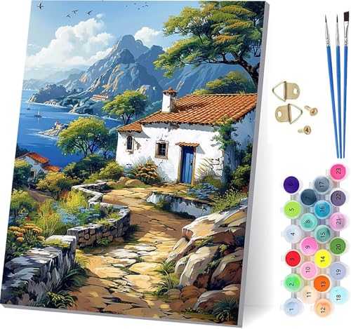 Malen Nach Zahlen Erwachsene HäUser, Malen Nach Zahlen Landschaft, DIY Set Erwachsene Mit 3 Pinseln und Acrylfarbe, Paint by Numbers für Deko Wohnzimmer und Wanddeko, Geschenke 60x80cm 3-7727 von KUEGDUNG