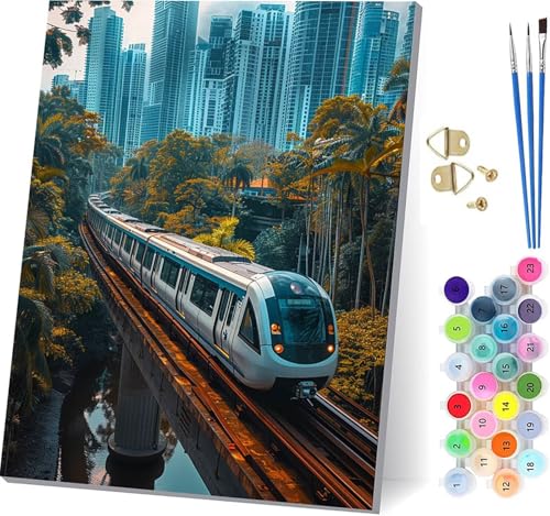 Malen Nach Zahlen Erwachsene Hochgeschwindigkeitszug, Malen Nach Zahlen Stadt, DIY Handgemalt Ölgemälde Kit Mit 3 Pinseln und Acrylfarbe, Paint by Numbers Basteln Erwachsene, Geschenke 80x110cm 1-3936 von KUEGDUNG