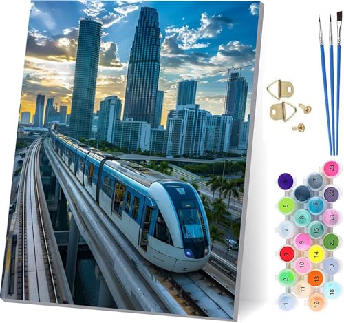 Malen Nach Zahlen Erwachsene Hochgeschwindigkeitszug, Malen Nach Zahlen Stadt, DIY Set Erwachsene Mit 3 Pinseln und Acrylfarbe, Paint by Numbers für Deko Wohnzimmer, Geschenke 80x110cm 7-7354 von KUEGDUNG