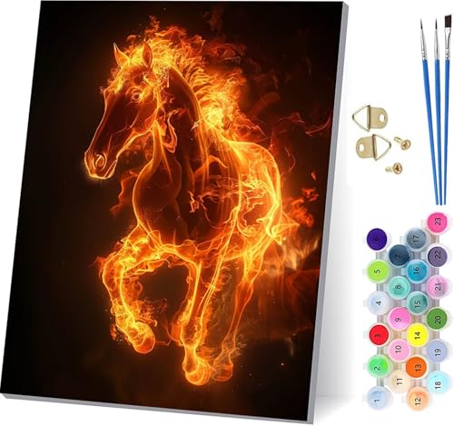 Malen Nach Zahlen Erwachsene Horse, Malen Nach Zahlen Flamme, DIY Handgemalt Ölgemälde Kit Mit 3 Pinseln und Acrylfarbe, Paint by Numbers Basteln Erwachsene, für Deko Wohnzimmer 80x110cm 7-5374 von KUEGDUNG