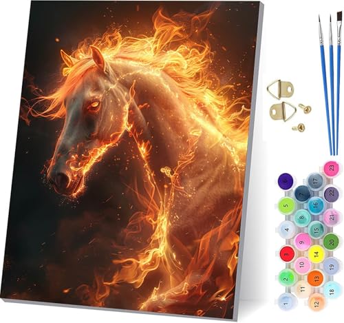 Malen Nach Zahlen Erwachsene Horse, Malen Nach Zahlen Flamme, DIY Set Erwachsene Mit 3 Pinseln und Acrylfarbe, Paint by Numbers für Deko Wohnzimmer und Wanddeko, Geschenke für Frauen 70x95cm 4-8245 von KUEGDUNG