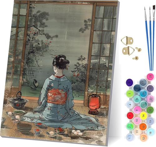 Malen Nach Zahlen Erwachsene Japanische Frauen, Malen Nach Zahlen Baum, DIY Handgemalt Ölgemälde Kit Mit 3 Pinseln und Acrylfarbe, Paint by Numbers Basteln Erwachsene, Deko Wohnzimmer 60x80cm O-6895 von KUEGDUNG