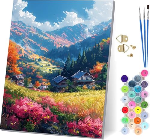 Malen Nach Zahlen Erwachsene Landschaft, Malen Nach Zahlen HäUser, DIY Handgemalt Ölgemälde Kit Mit 3 Pinseln und Acrylfarbe, Paint by Numbers Basteln Erwachsene, für Deko Wohnzimmer 80x110cm 7-5328 von KUEGDUNG