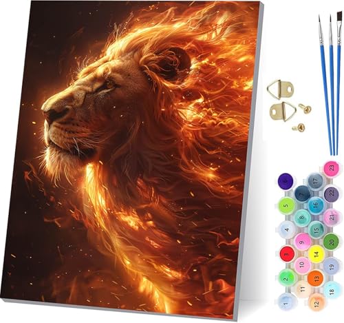 Malen Nach Zahlen Erwachsene LöWe, Malen Nach Zahlen Flamme, DIY Set Erwachsene Mit 3 Pinseln und Acrylfarbe, Paint by Numbers für Deko Wohnzimmer und Wanddeko, Als Geschenke für Frauen 60x80cm 3-7399 von KUEGDUNG