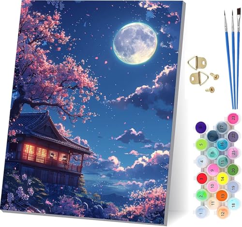 Malen Nach Zahlen Erwachsene Mond, Malen Nach Zahlen Landschaft, DIY Handgemalt Ölgemälde Kit Mit 3 Pinseln und Acrylfarbe, Paint by Numbers Basteln Erwachsene, für Deko Wohnzimmer 60x80cm Q-3086 von KUEGDUNG