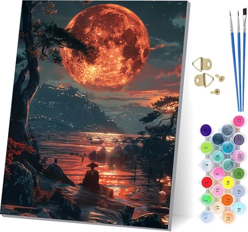Malen Nach Zahlen Erwachsene Mond, Malen Nach Zahlen Landschaft, DIY Handgemalt Ölgemälde Kit Mit 3 Pinseln und Acrylfarbe, Paint by Numbers Basteln Erwachsene, für Deko Wohnzimmer 80x110cm 5-2388 von KUEGDUNG