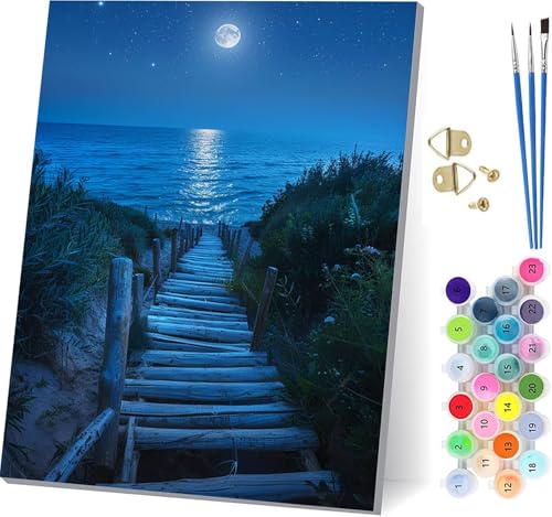 Malen Nach Zahlen Erwachsene Mond, Malen Nach Zahlen Sternenhimmel, DIY Set Erwachsene Mit 3 Pinseln und Acrylfarbe, Paint by Numbers für Deko Wohnzimmer und Wanddeko, Geschenke 60x80cm 7-4941 von KUEGDUNG