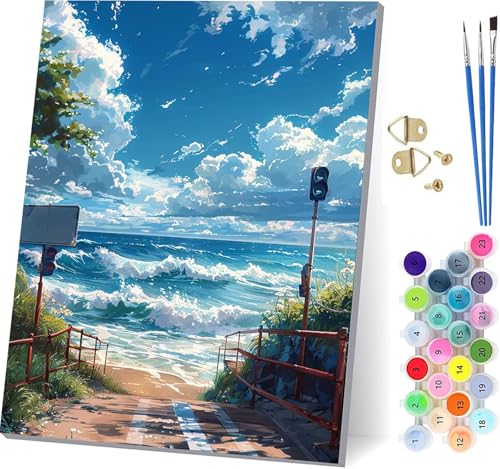 Malen Nach Zahlen Erwachsene Ozean, Malen Nach Zahlen Landschaft, DIY Handgemalt Ölgemälde Kit Mit 3 Pinseln und Acrylfarbe, Paint by Numbers Basteln Erwachsene, für Deko Wohnzimmer 80x110cm F-7121 von KUEGDUNG