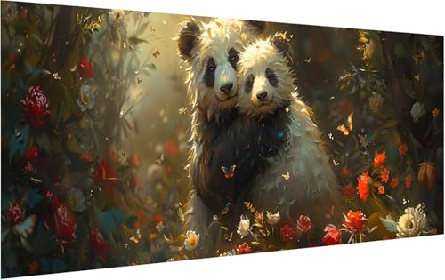 Malen Nach Zahlen Erwachsene Panda, Malen Nach Zahlen Blume, DIY Handgemalt Ölgemälde Leinwand Kits Mit Pinseln und Acrylfarbe, Paint by Numbers Adult für Deko Wohnzimmer Geschenke 30x60cm H-2062 von KUEGDUNG