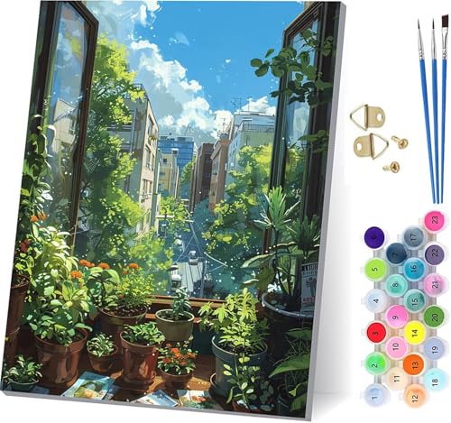 Malen Nach Zahlen Erwachsene Pflanzen, Malen Nach Zahlen StraßE, DIY Set Erwachsene Mit 3 Pinseln und Acrylfarbe, Paint by Numbers für Deko Wohnzimmer und Wanddeko, Geschenke für Frauen 70x95cm 4-3463 von KUEGDUNG