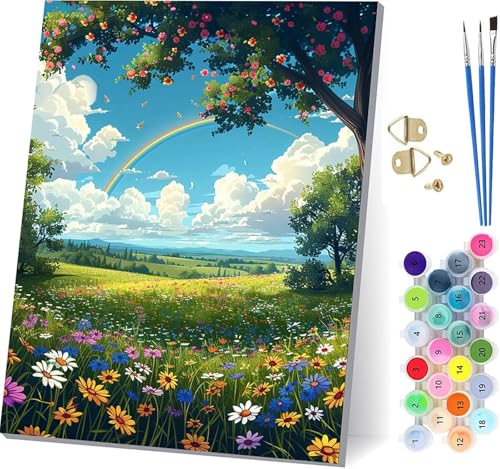 Malen Nach Zahlen Erwachsene Regenbogen, Malen Nach Zahlen Blume, DIY Handgemalt Ölgemälde Kit Mit 3 Pinseln und Acrylfarbe, Paint by Numbers Basteln Erwachsene, für Deko Wohnzimmer 60x80cm 7-2841 von KUEGDUNG