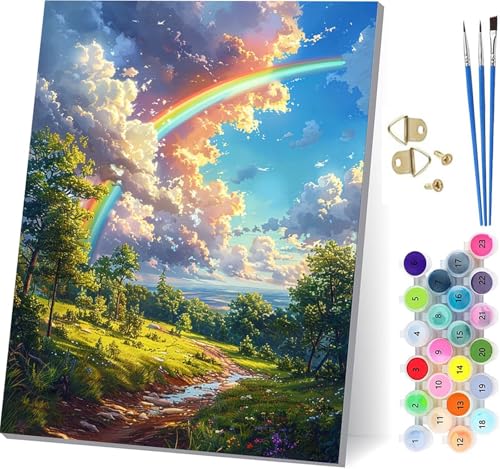Malen Nach Zahlen Erwachsene Regenbogen, Malen Nach Zahlen Landschaft, DIY Handgemalt Ölgemälde Kit Mit 3 Pinseln und Acrylfarbe, Paint by Numbers Basteln Erwachsene, Deko Wohnzimmer 60x80cm 7-2642 von KUEGDUNG
