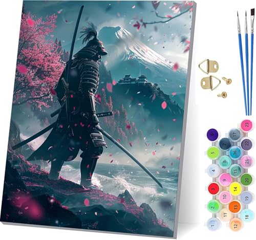Malen Nach Zahlen Erwachsene Samurai, Malen Nach Zahlen Berg, DIY Set Erwachsene Mit 3 Pinseln und Acrylfarbe, Paint by Numbers für Deko Wohnzimmer und Wanddeko, Geschenke für Frauen 80x110cm 1-7669 von KUEGDUNG