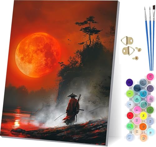 Malen Nach Zahlen Erwachsene Samurai, Malen Nach Zahlen Sonne, DIY Set Erwachsene Mit 3 Pinseln und Acrylfarbe, Paint by Numbers für Deko Wohnzimmer und Wanddeko, Geschenke für Frauen 70x95cm L-3099 von KUEGDUNG
