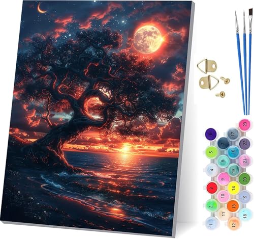 Malen Nach Zahlen Erwachsene Sonnenuntergang, Malen Nach Zahlen Baum, DIY Handgemalt Ölgemälde Kit Mit 3 Pinseln und Acrylfarbe, Paint by Numbers Basteln Erwachsene, Deko Wohnzimmer 80x110cm 2-3654 von KUEGDUNG