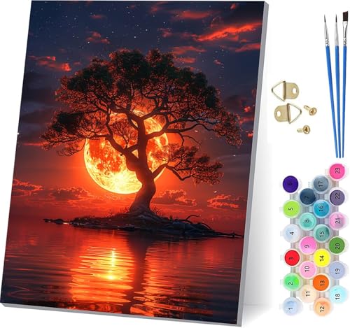 Malen Nach Zahlen Erwachsene Sonnenuntergang, Malen Nach Zahlen Baum, DIY Handgemalt Ölgemälde Kit Mit 3 Pinseln und Acrylfarbe, Paint by Numbers Basteln Erwachsene, für Deko Wohnzimmer 70x95cm 6-7098 von KUEGDUNG