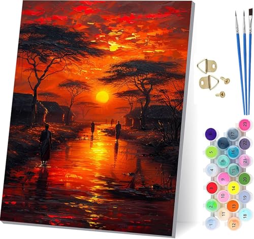 Malen Nach Zahlen Erwachsene Sonnenuntergang, Malen Nach Zahlen Baum, DIY Handgemalt Ölgemälde Kit Mit 3 Pinseln und Acrylfarbe, Paint by Numbers Basteln Erwachsene, für Deko Wohnzimmer 70x95cm A-1380 von KUEGDUNG