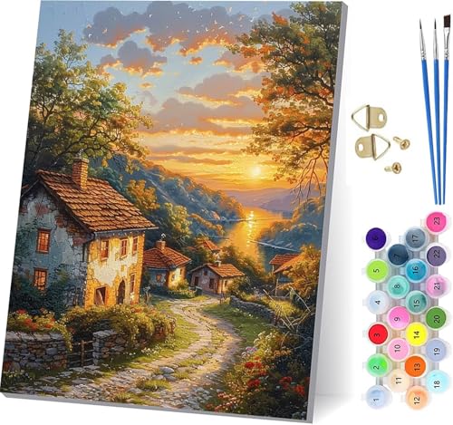 Malen Nach Zahlen Erwachsene Sonnenuntergang, Malen Nach Zahlen HäUser, DIY Handgemalt Ölgemälde Kit Mit 3 Pinseln und Acrylfarbe, Paint by Numbers Basteln Erwachsene, Deko Wohnzimmer 80x110cm 5-1576 von KUEGDUNG