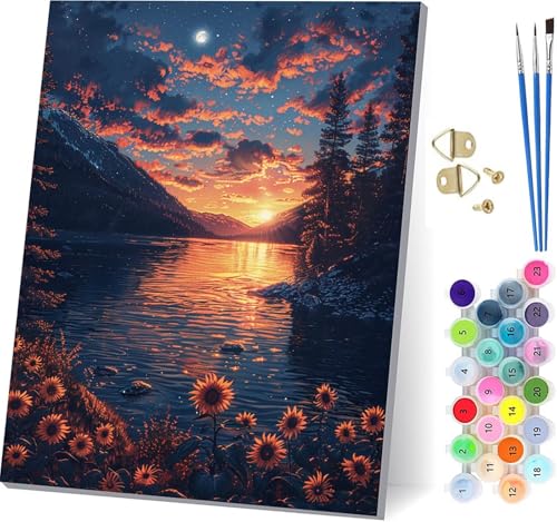 Malen Nach Zahlen Erwachsene Sonnenuntergang, Malen Nach Zahlen Landschaft, DIY Handgemalt Ölgemälde Kit Mit 3 Pinseln und Acrylfarbe, Paint by Numbers Basteln Erwachsene, Geschenke 60x80cm 5-7360 von KUEGDUNG