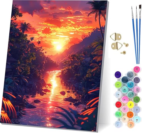 Malen Nach Zahlen Erwachsene Sonnenuntergang, Malen Nach Zahlen Landschaft, DIY Set Erwachsene Mit 3 Pinseln und Acrylfarbe, Paint by Numbers für Deko Wohnzimmer, Geschenke für Frauen 70x95cm 1-7779 von KUEGDUNG