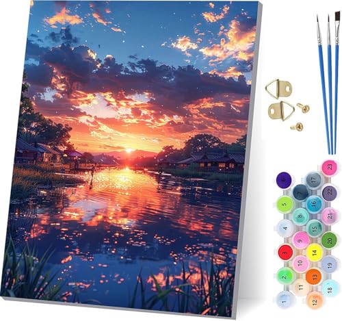 Malen Nach Zahlen Erwachsene Sonnenuntergang, Malen Nach Zahlen Landschaft, DIY Set Erwachsene Mit 3 Pinseln und Acrylfarbe, Paint by Numbers für Deko Wohnzimmer, Geschenke für Frauen 80x110cm 6-3275 von KUEGDUNG