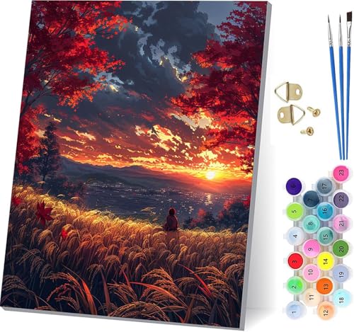 Malen Nach Zahlen Erwachsene Sonnenuntergang, Malen Nach Zahlen Landschaft, DIY Set Erwachsene Mit 3 Pinseln und Acrylfarbe, Paint by Numbers für Deko Wohnzimmer, Geschenke für Frauen 80x110cm D-3738 von KUEGDUNG