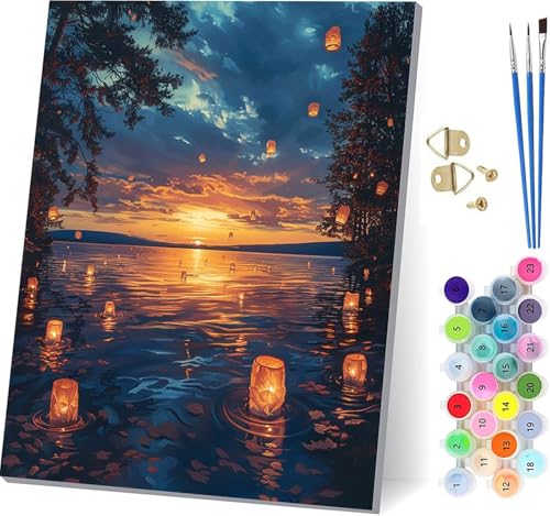 Malen Nach Zahlen Erwachsene Sonnenuntergang, Malen Nach Zahlen Rivers, DIY Handgemalt Ölgemälde Kit Mit 3 Pinseln und Acrylfarbe, Paint by Numbers Basteln Erwachsene, Deko Wohnzimmer 80x110cm 2-7771 von KUEGDUNG