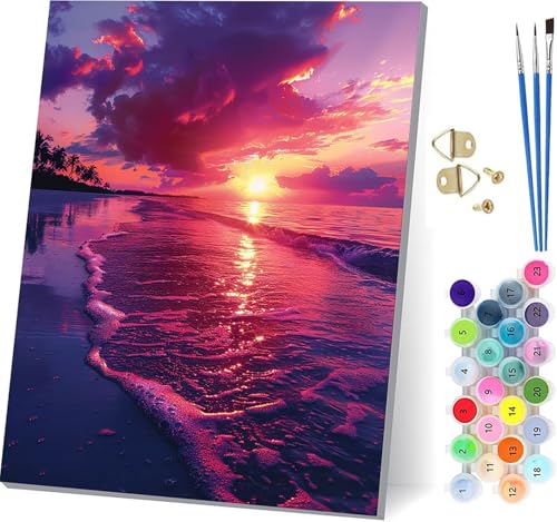 Malen Nach Zahlen Erwachsene Sonnenuntergang, Malen Nach Zahlen Strand, DIY Handgemalt Ölgemälde Kit Mit 3 Pinseln und Acrylfarbe, Paint by Numbers Basteln Erwachsene, Deko Wohnzimmer 60x80cm M-1254 von KUEGDUNG
