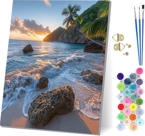 Malen Nach Zahlen Erwachsene Sonnenuntergang, Malen Nach Zahlen Strand, DIY Handgemalt Ölgemälde Kit Mit 3 Pinseln und Acrylfarbe, Paint by Numbers Basteln Erwachsene, Deko Wohnzimmer 60x80cm W-2325 von KUEGDUNG