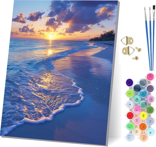 Malen Nach Zahlen Erwachsene Sonnenuntergang, Malen Nach Zahlen Strand, DIY Set Erwachsene Mit 3 Pinseln und Acrylfarbe, Paint by Numbers für Deko Wohnzimmer und Wanddeko, Geschenke 70x95cm 8-2079 von KUEGDUNG