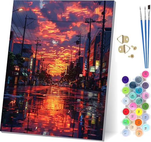 Malen Nach Zahlen Erwachsene Sonnenuntergang, Malen Nach Zahlen StraßEnansicht, DIY Set Erwachsene Mit 3 Pinseln und Acrylfarbe, Paint by Numbers für Deko Wohnzimmer, Geschenke 40x50cm B-1670 von KUEGDUNG