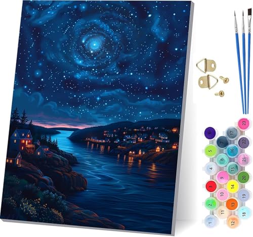 Malen Nach Zahlen Erwachsene Sternenhimmel, Malen Nach Zahlen Rivers, DIY Set Erwachsene Mit 3 Pinseln und Acrylfarbe, Paint by Numbers für Deko Wohnzimmer und Wanddeko, Geschenke 30x40cm T-8998 von KUEGDUNG