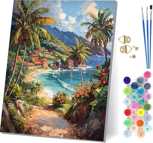 Malen Nach Zahlen Erwachsene Strand, Malen Nach Zahlen Landschaft, DIY Handgemalt Ölgemälde Kit Mit 3 Pinseln und Acrylfarbe, Paint by Numbers Basteln Erwachsene, für Deko Wohnzimmer 70x95cm 3-7437 von KUEGDUNG