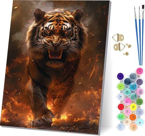 Malen Nach Zahlen Erwachsene Tiger, Malen Nach Zahlen Flamme, DIY Handgemalt Ölgemälde Kit Mit 3 Pinseln und Acrylfarbe, Paint by Numbers Basteln Erwachsene, für Deko Wohnzimmer 70x95cm 5-9693 von KUEGDUNG